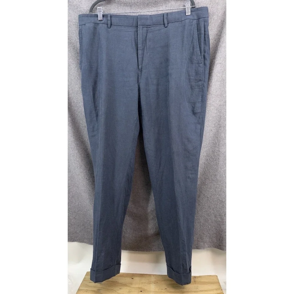 Polo Ralph Lauren Mens 40x32 Linen Suit Trouser Pants Blue Cuffed Flat Front